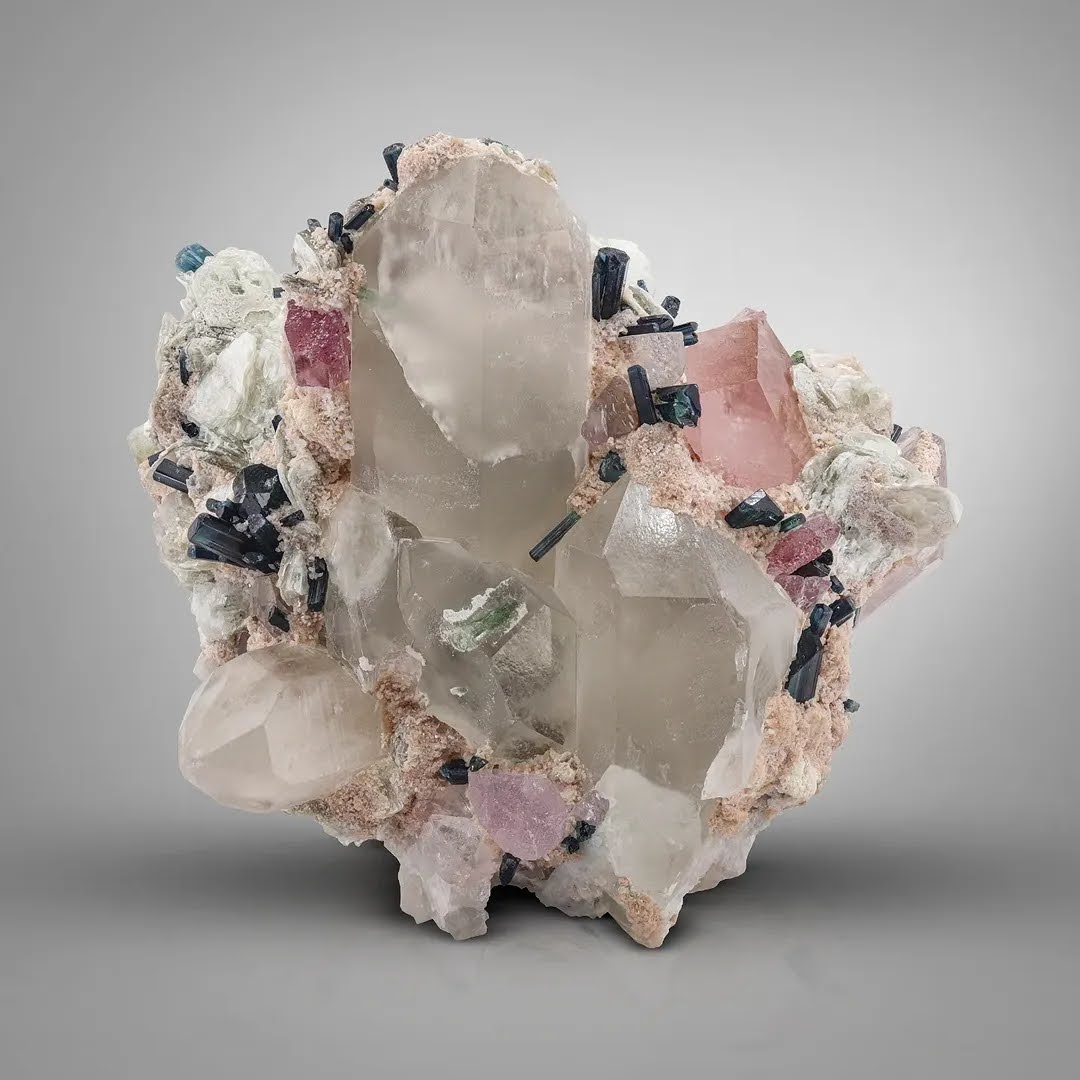 Combination of Morganite with Tourmaline and Kunzite on Quartz from Afghanistan