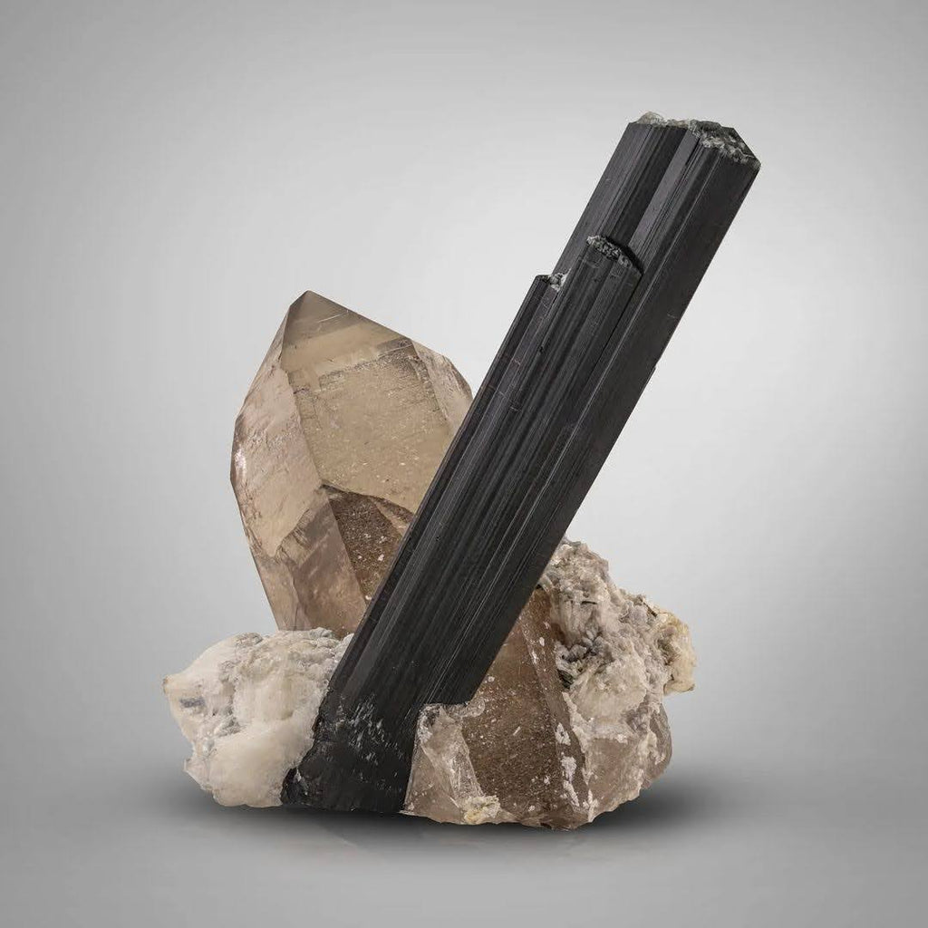 Specimen of Black Tourmaline Crystal on Smoky Quartz from Pakistan