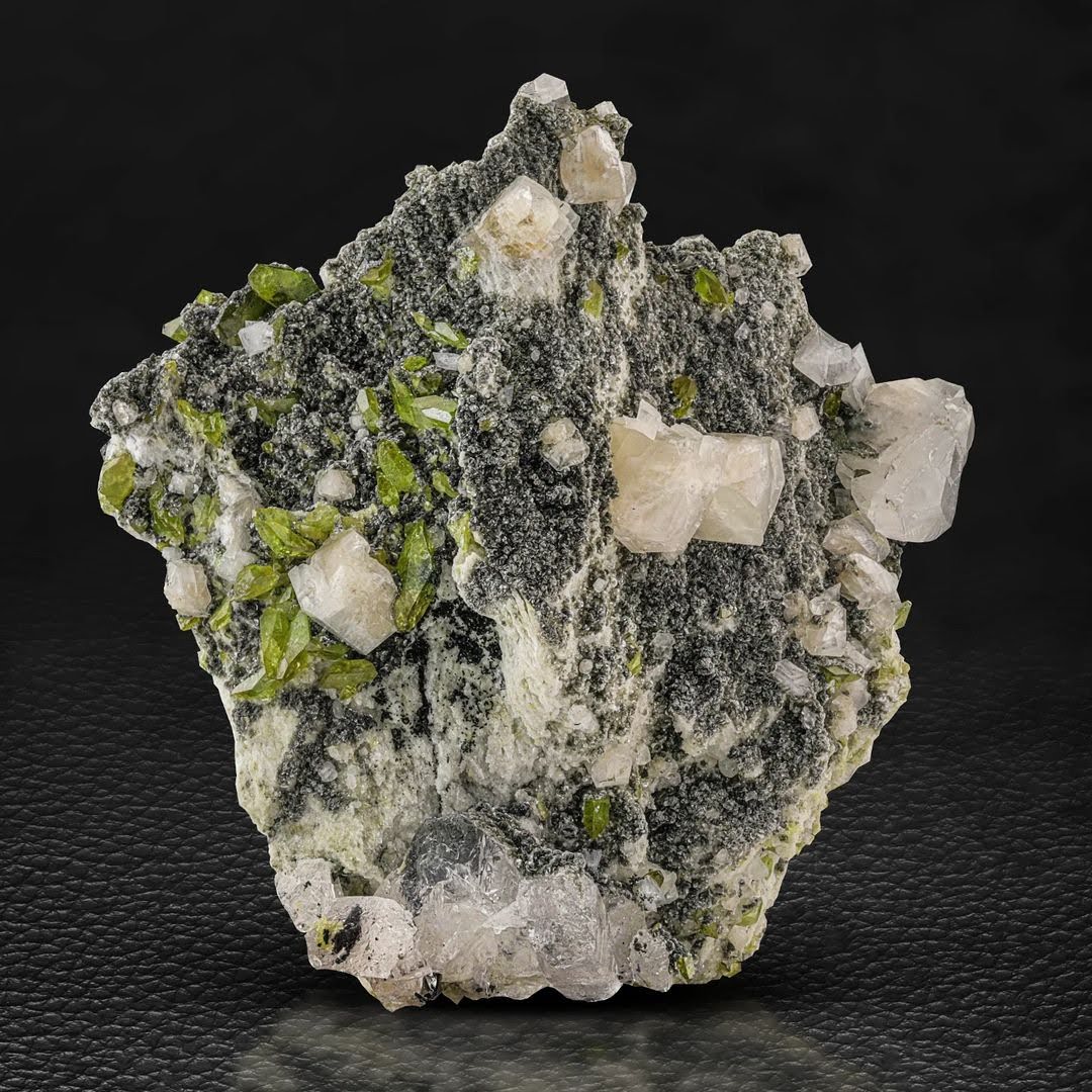Apple Green Titanite Crystals on Matrix with Calcite from Pakistan