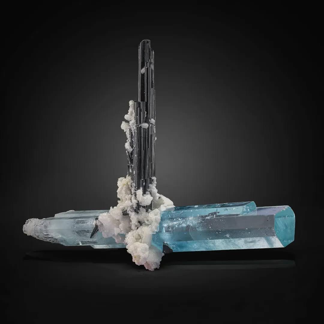 Schorl Black Tourmaline Crystal Standing Tall on Aquamarine Crystal from Pakistan