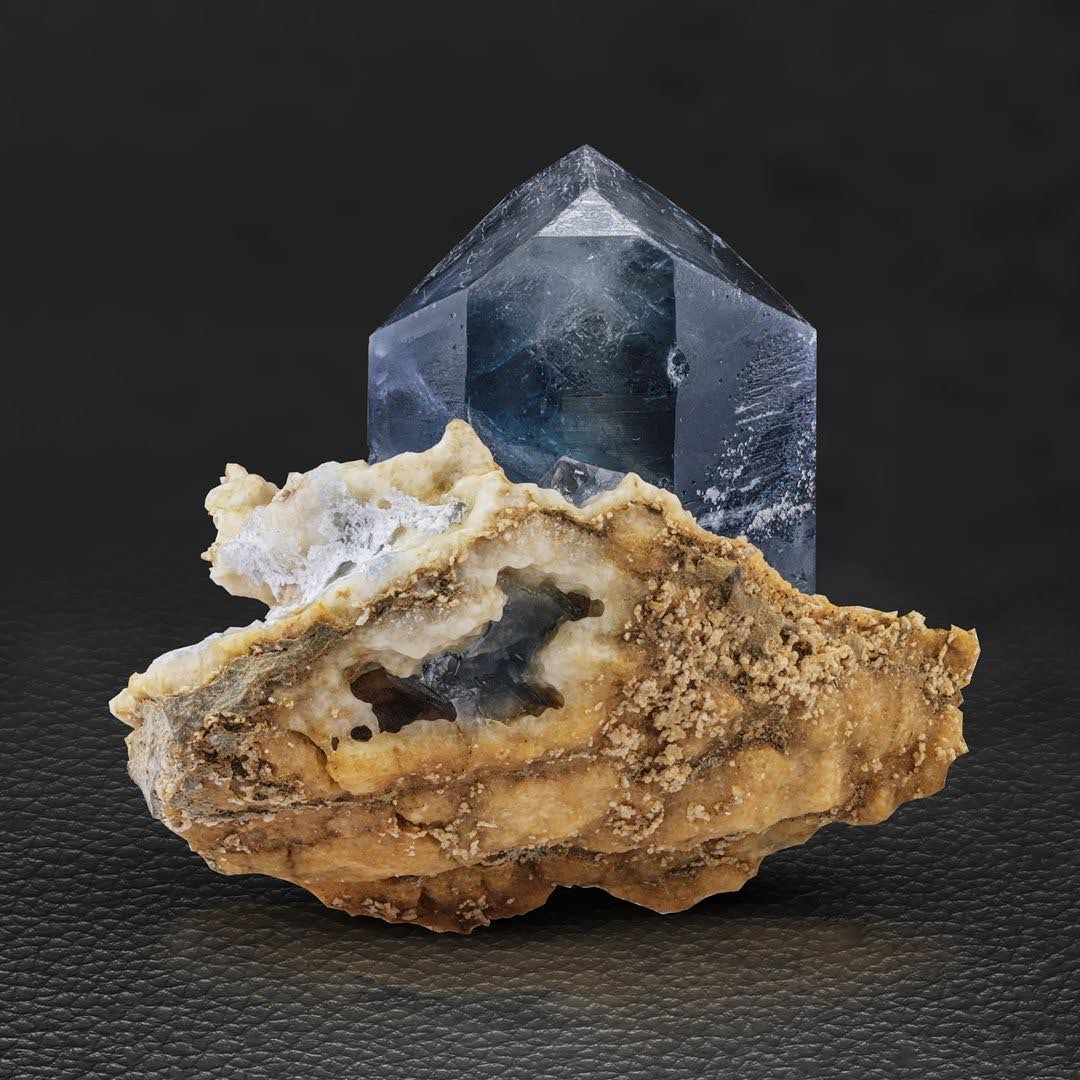 Pointed Terminated Celestite Crystal on Calcite from Afghanistan