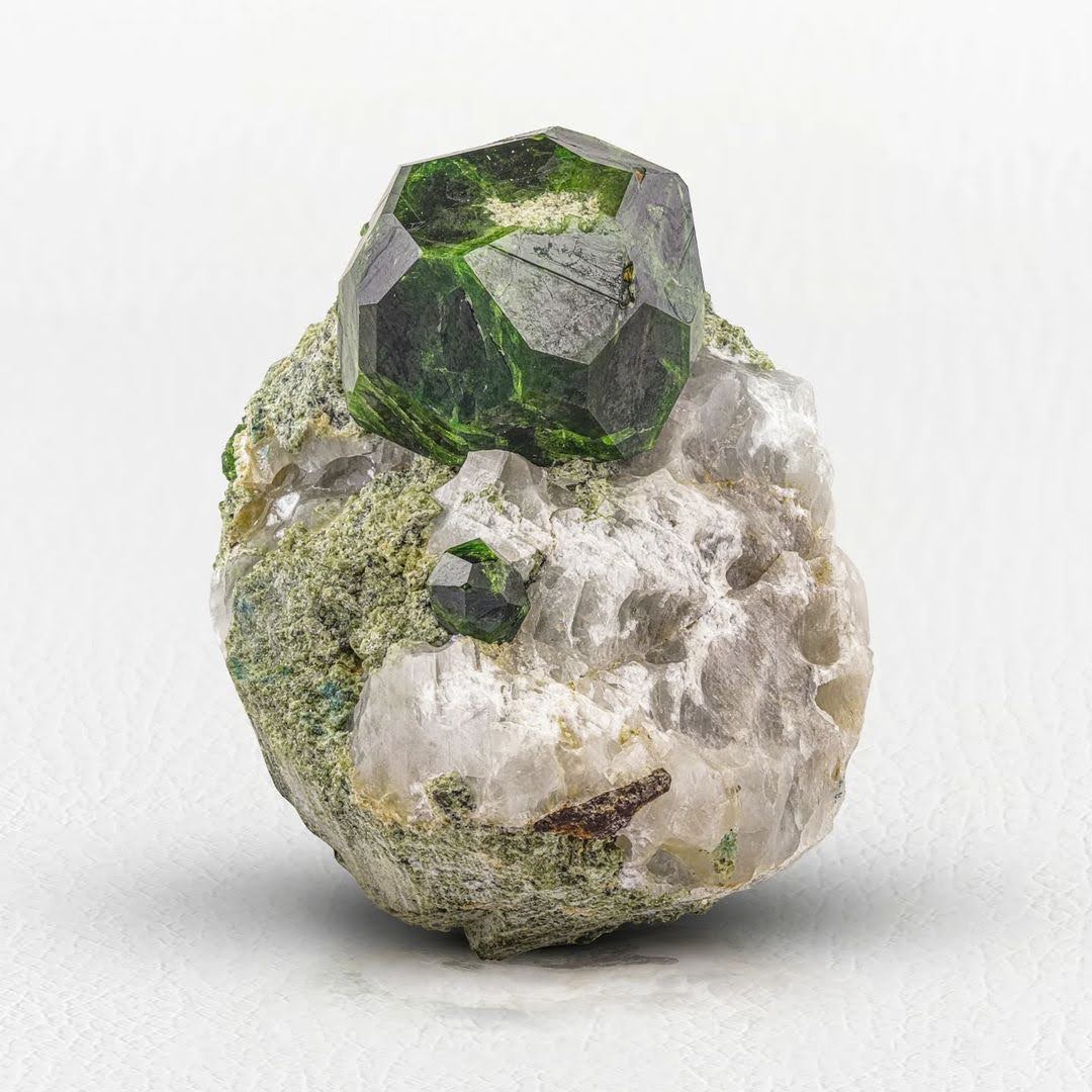 Isometric Focal Crystals of Demantoid Green Garnet on matrix from Iran