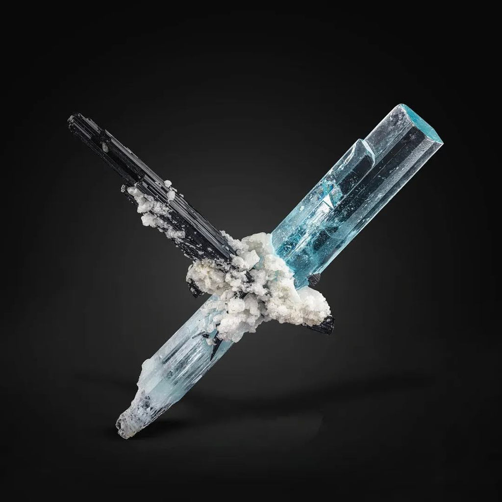 Schorl Black Tourmaline Crystal Standing Tall on Aquamarine Crystal from Pakistan