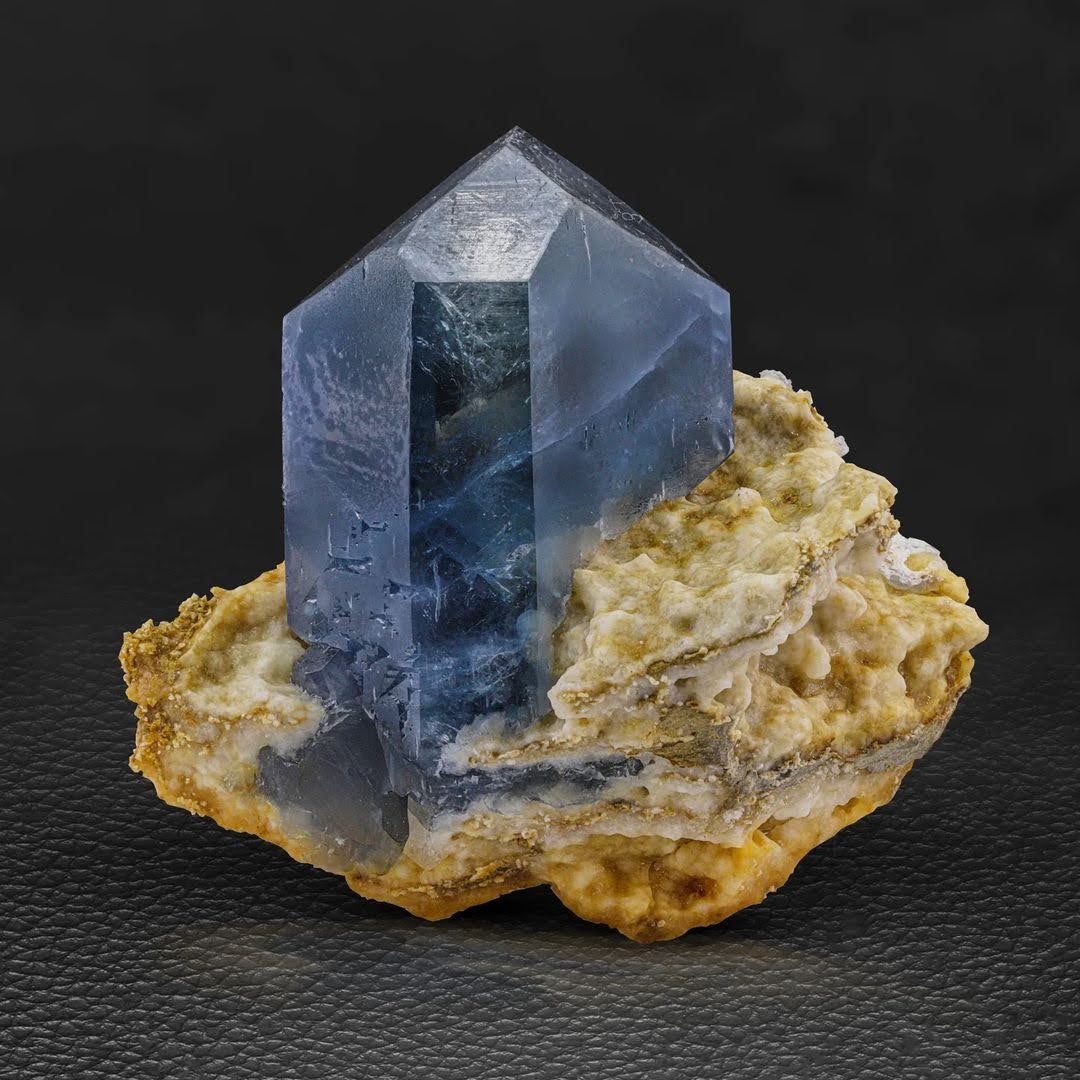 Pointed Terminated Celestite Crystal on Calcite from Afghanistan