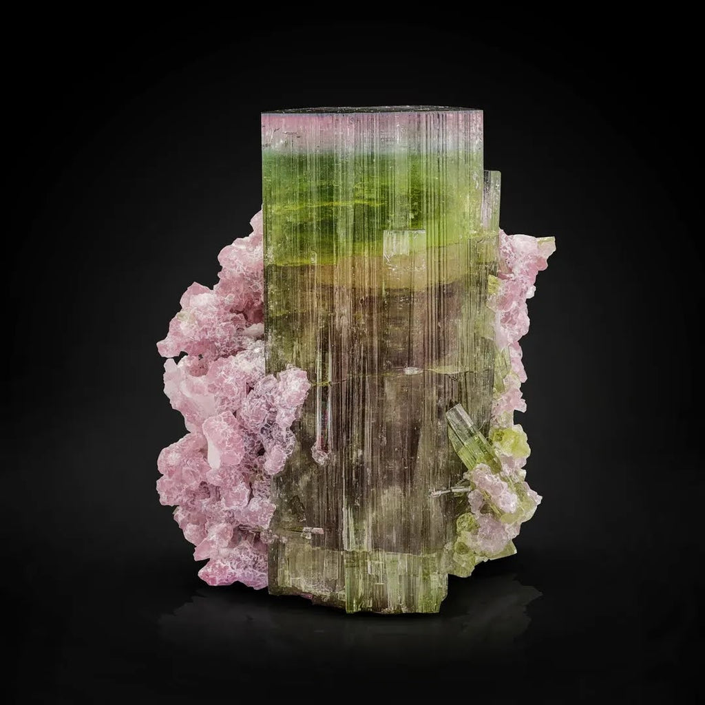 Green to Pink Color Lustrous Tourmaline Crystal on Purple Lepidolite from Afghanistan