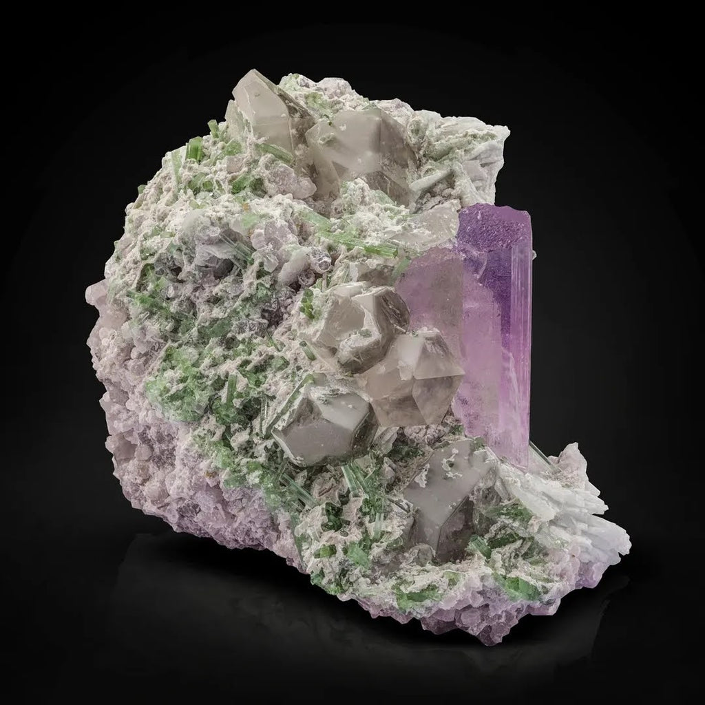 Combination Specimen of Kunzite Crystal on Albite with Tourmaline from Afghanistan