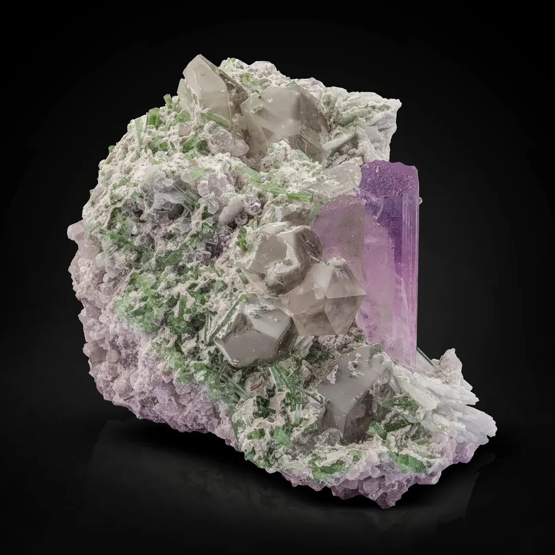Combination Specimen of Kunzite Crystal on Albite with Tourmaline from Afghanistan