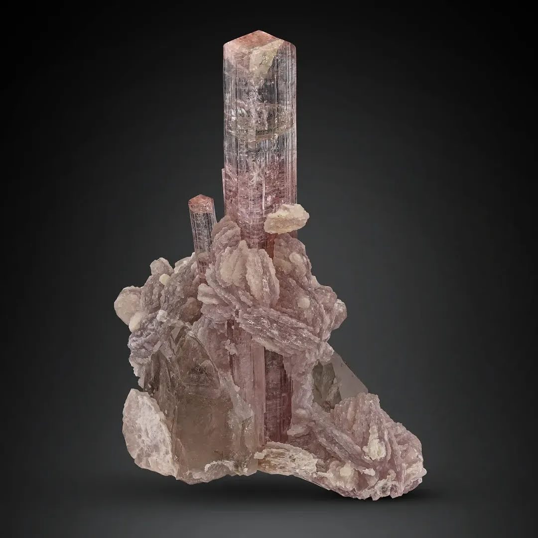 Pink Tourmaline Crystals on Smoky Quartz with Lepidolite from Afghanistan