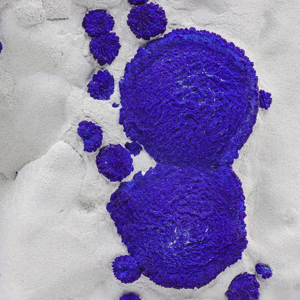 Blue Azurite sun crystals on creamy white Kaolinite matrix from Australia