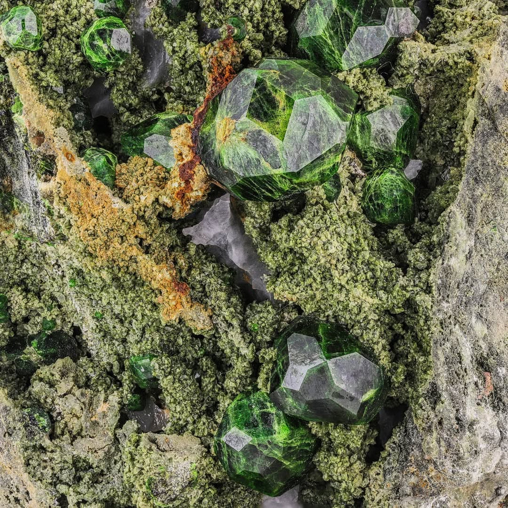 Green Isolated Demantoid Garnet Crystals on Calcite from Iran