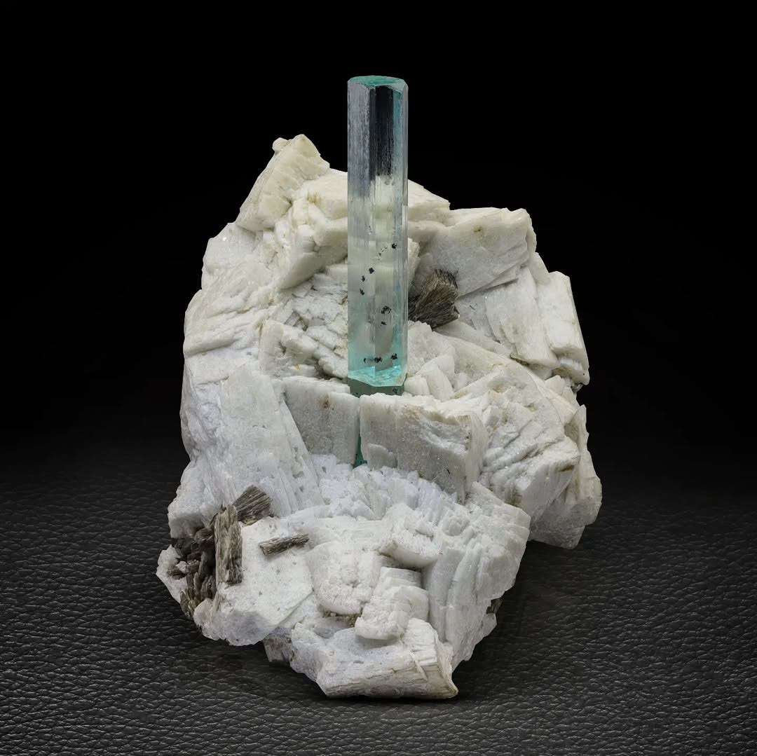 14 cm High Free Standing Aquamarine Crystal on Feldspar Matrix from Pakistan