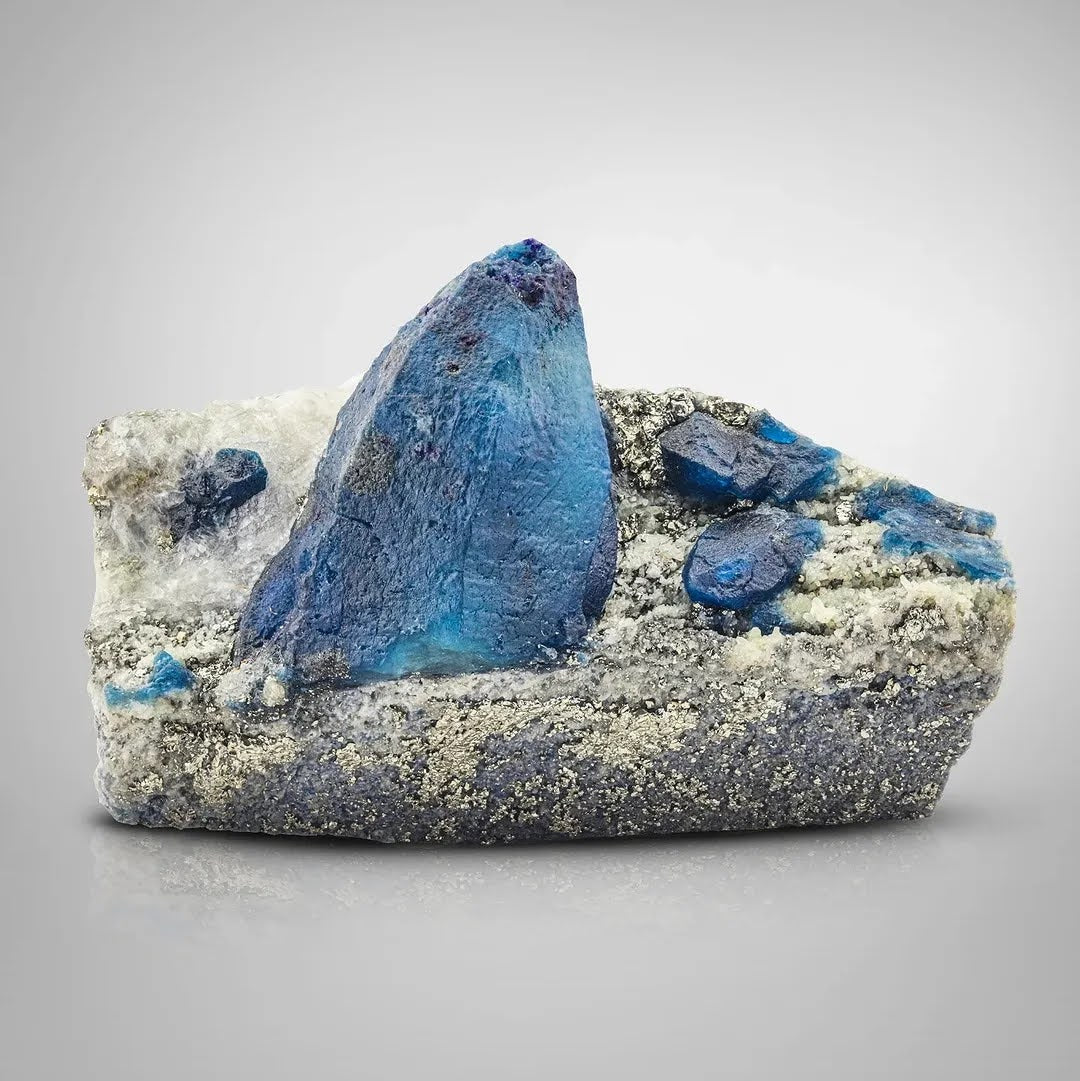 Pointed Terminated Afghanite Crystal on Calcite with Pyrite from Afghanistan