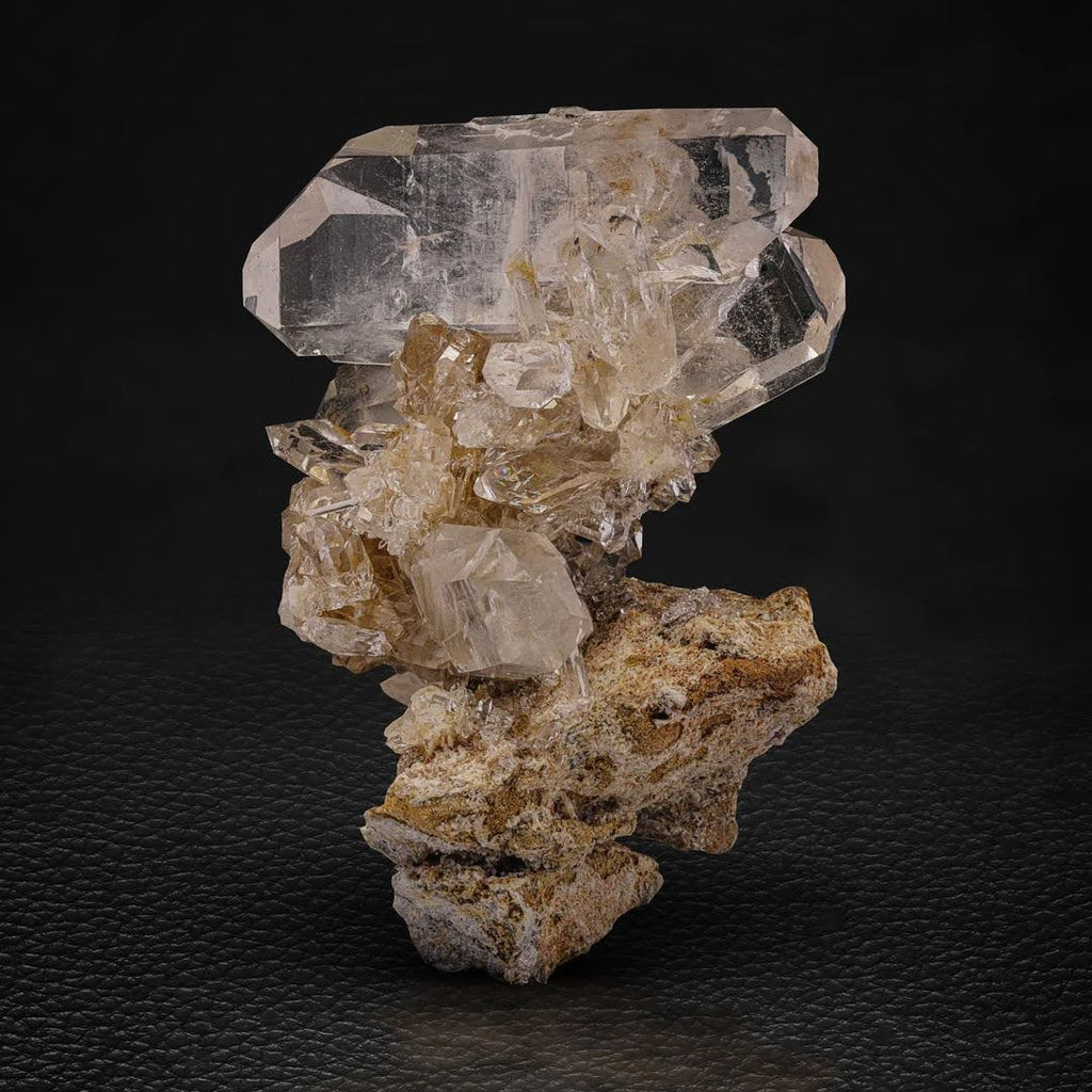 Double Terminated Faden Quartz Crystals on Calcite from Pakistan