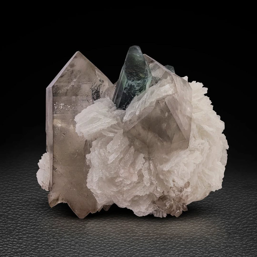 Bluish Green Tourmaline Crystals on Smoky Quartz with Cleavelandite from Pakistan