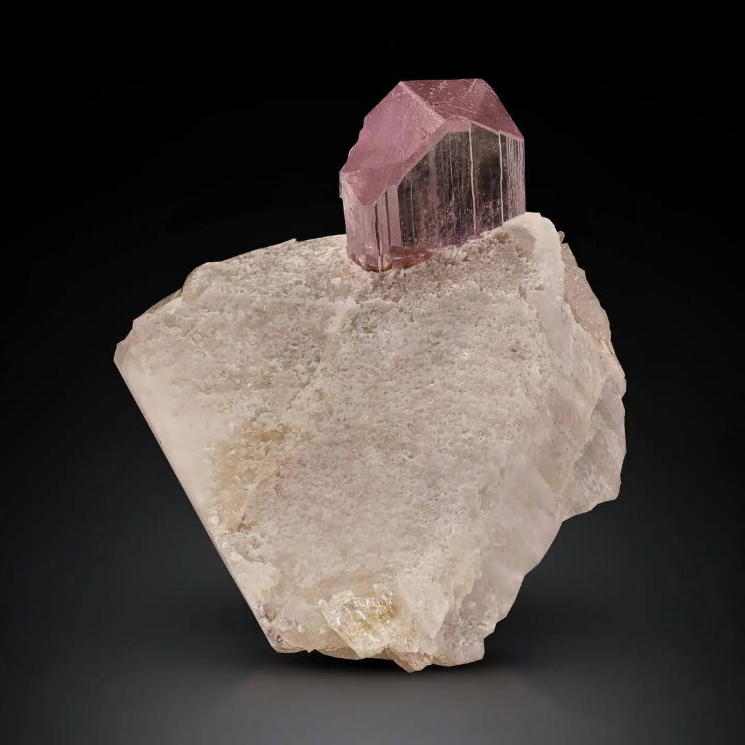 Pink Kunzite Crystal Positioned on White Albite Matrix from Afghanistan