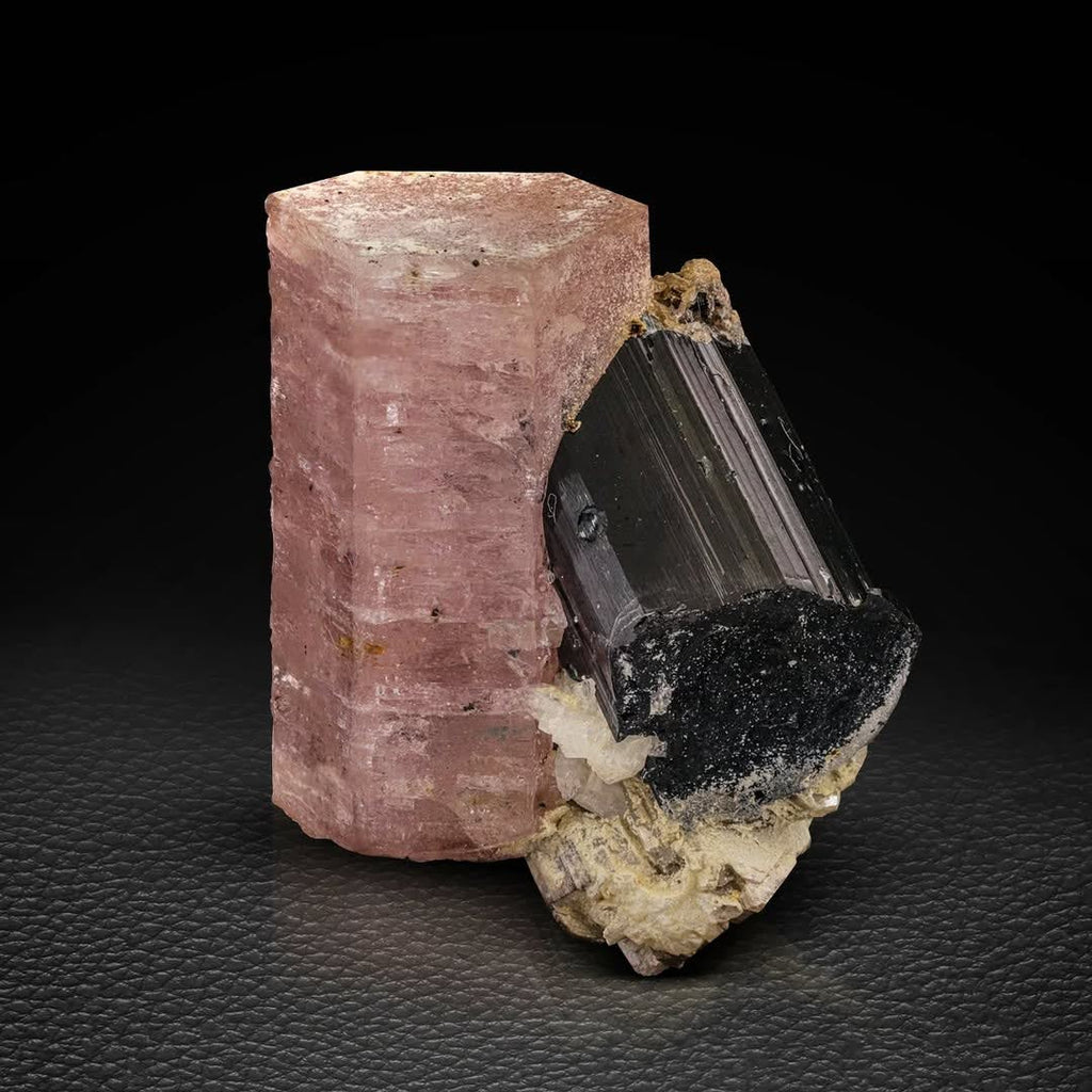 Double Terminated Pink Apatite perched on Schorl with Albite from Pakistan