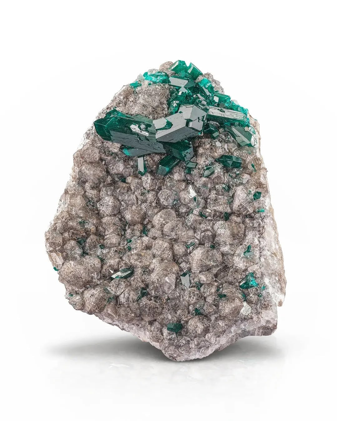 Green Twinned Dioptase Crystals on Calcite Matrix from Republic of Congo
