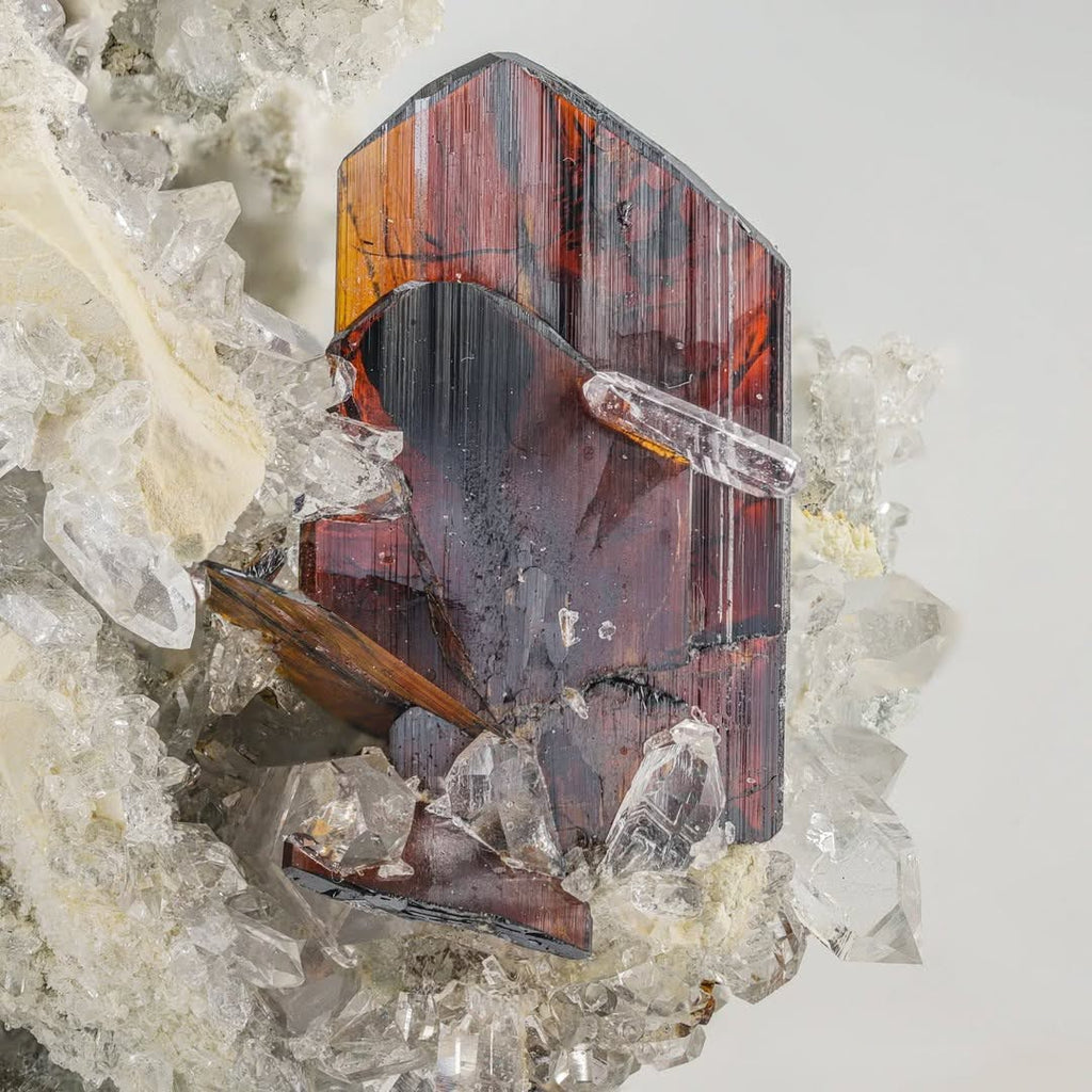 Red Brookite Thick Focal Crystal Positioned on Quartz Matrix from Pakistan