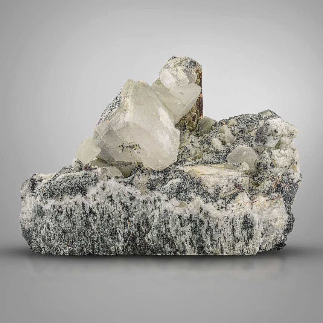 Rare Single Brown Rutile Crystal on Matrix with Calcite from Pakistan