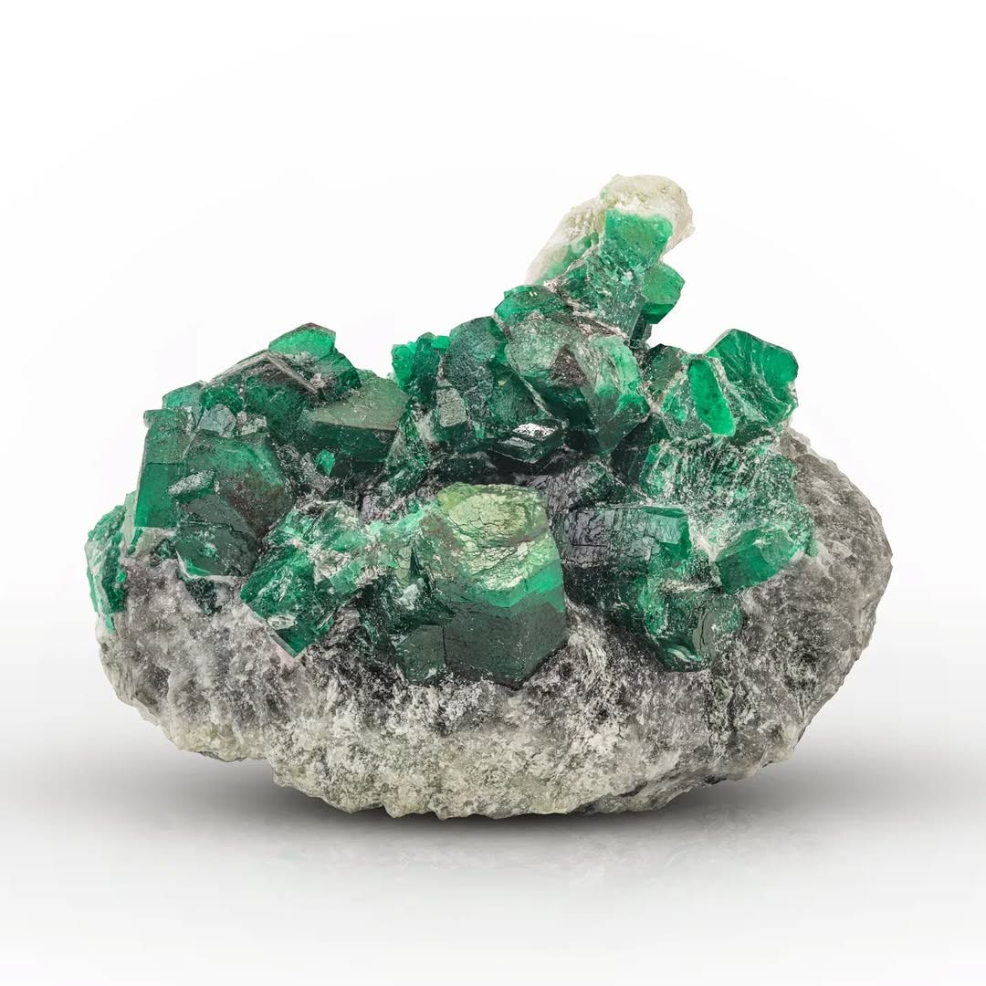 Dark Green Emerald Crystal Cluster on Calcite from Pakistan