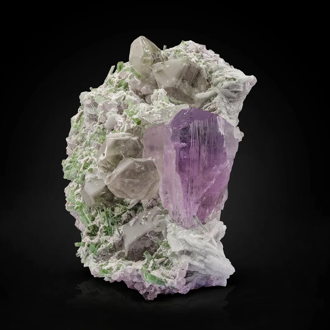 Combination Specimen of Kunzite Crystal on Albite with Tourmaline from Afghanistan