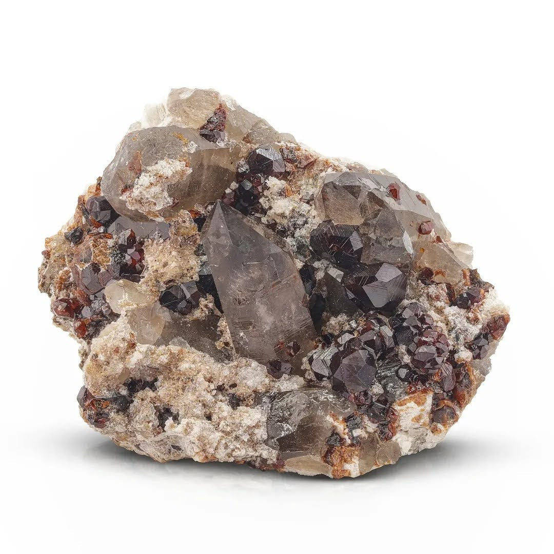 Combination of Spessertine Garnet Crystals on Quartz with Albite from China