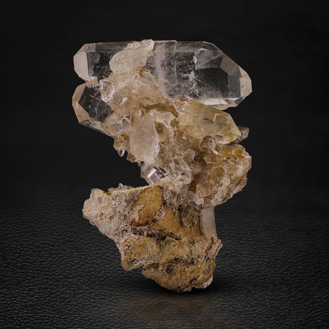 Double Terminated Faden Quartz Crystals on Calcite from Pakistan