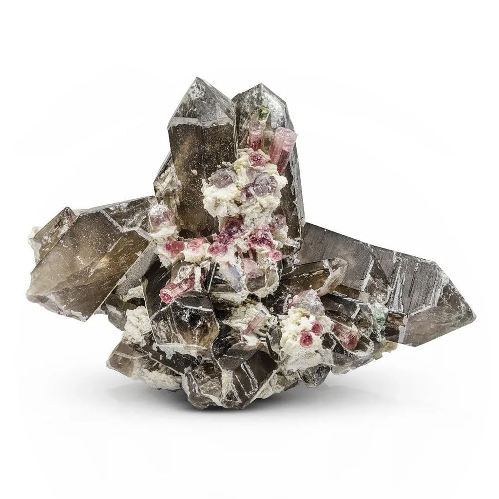 Large Smoky Quartz Cluster with Multicolored Tourmaline Crystals from Afghanistan
