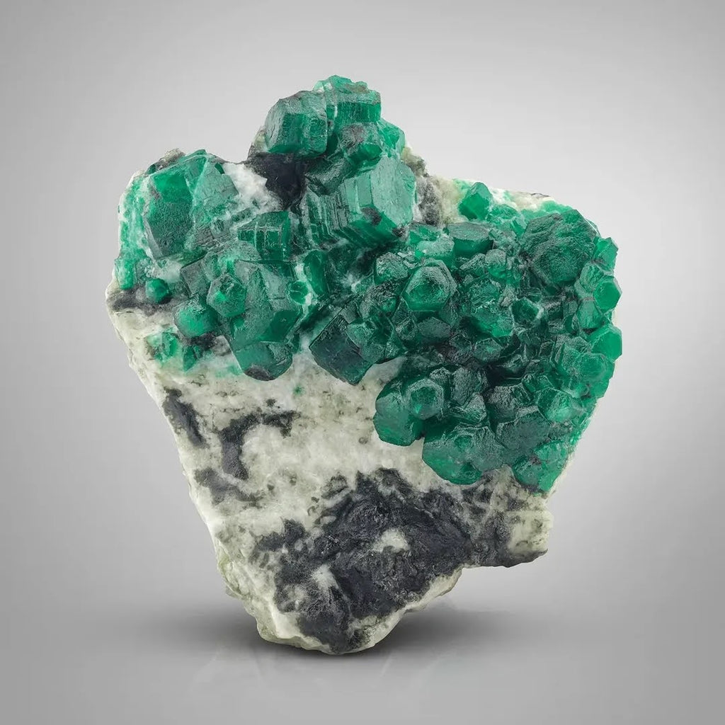 Deep Green Emerald Crystals on Calcite Matrix from Pakistan