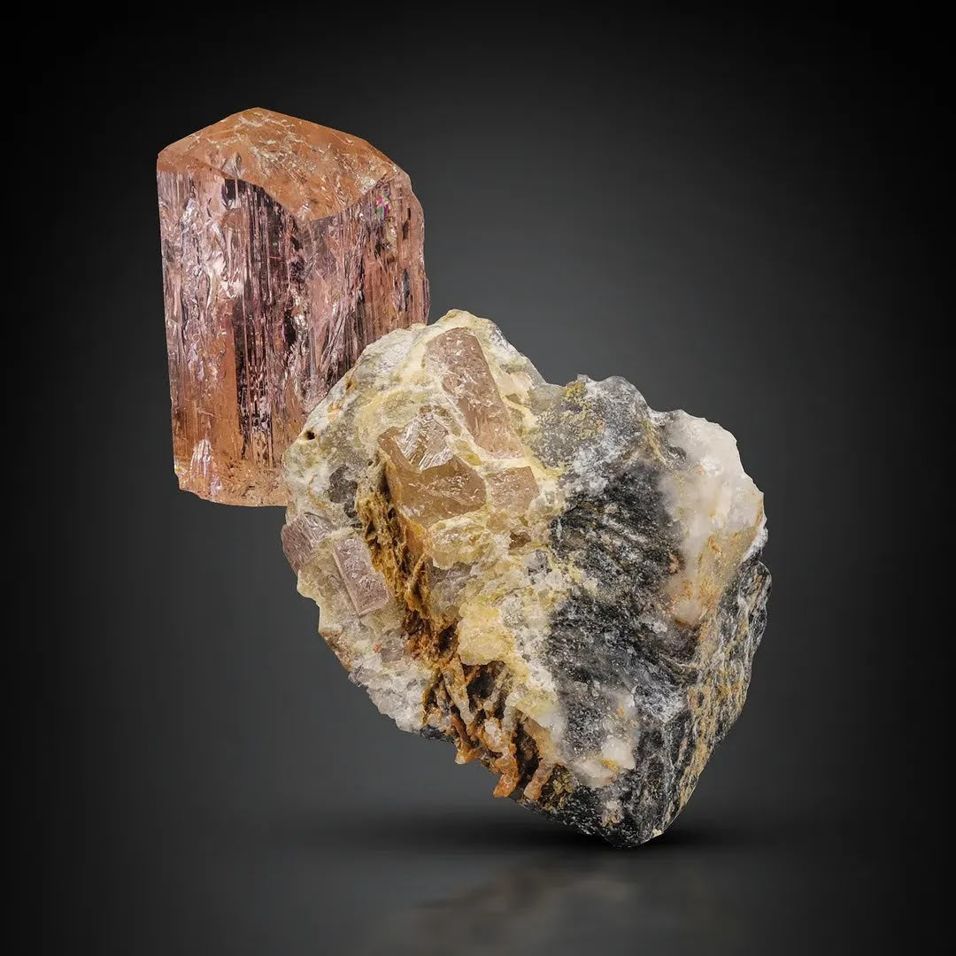 Double Terminated Pinkish-Peach Topaz Crystal on Matrix from Pakistan