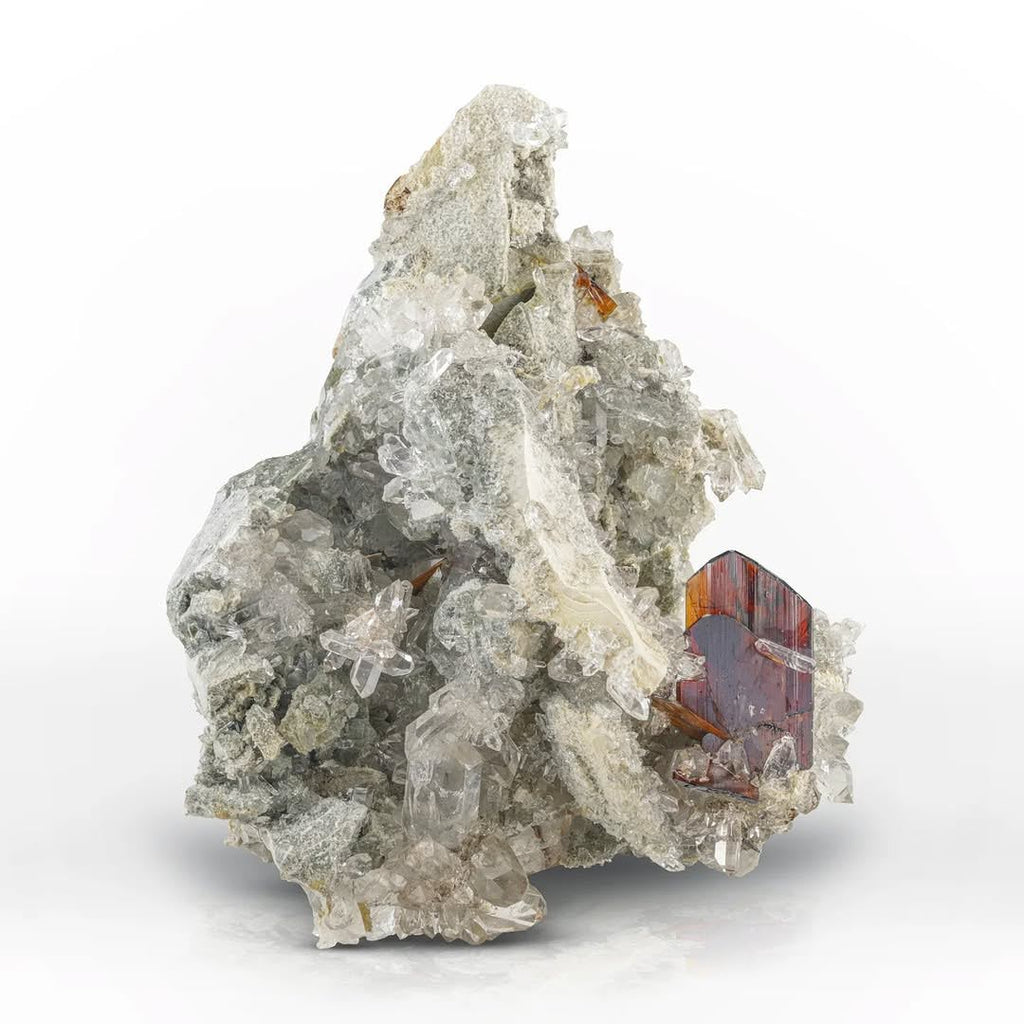 Red Brookite Thick Focal Crystal Positioned on Quartz Matrix from Pakistan