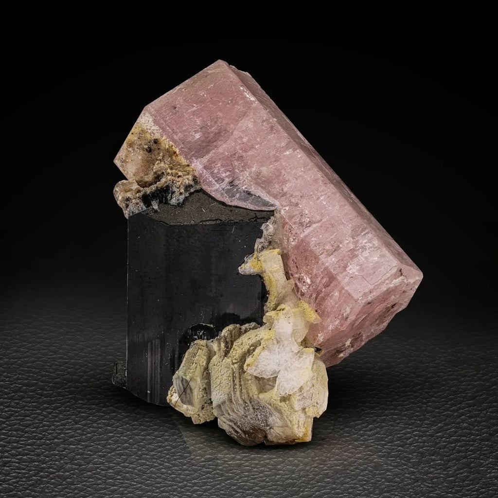 Double Terminated Pink Apatite perched on Schorl with Albite from Pakistan