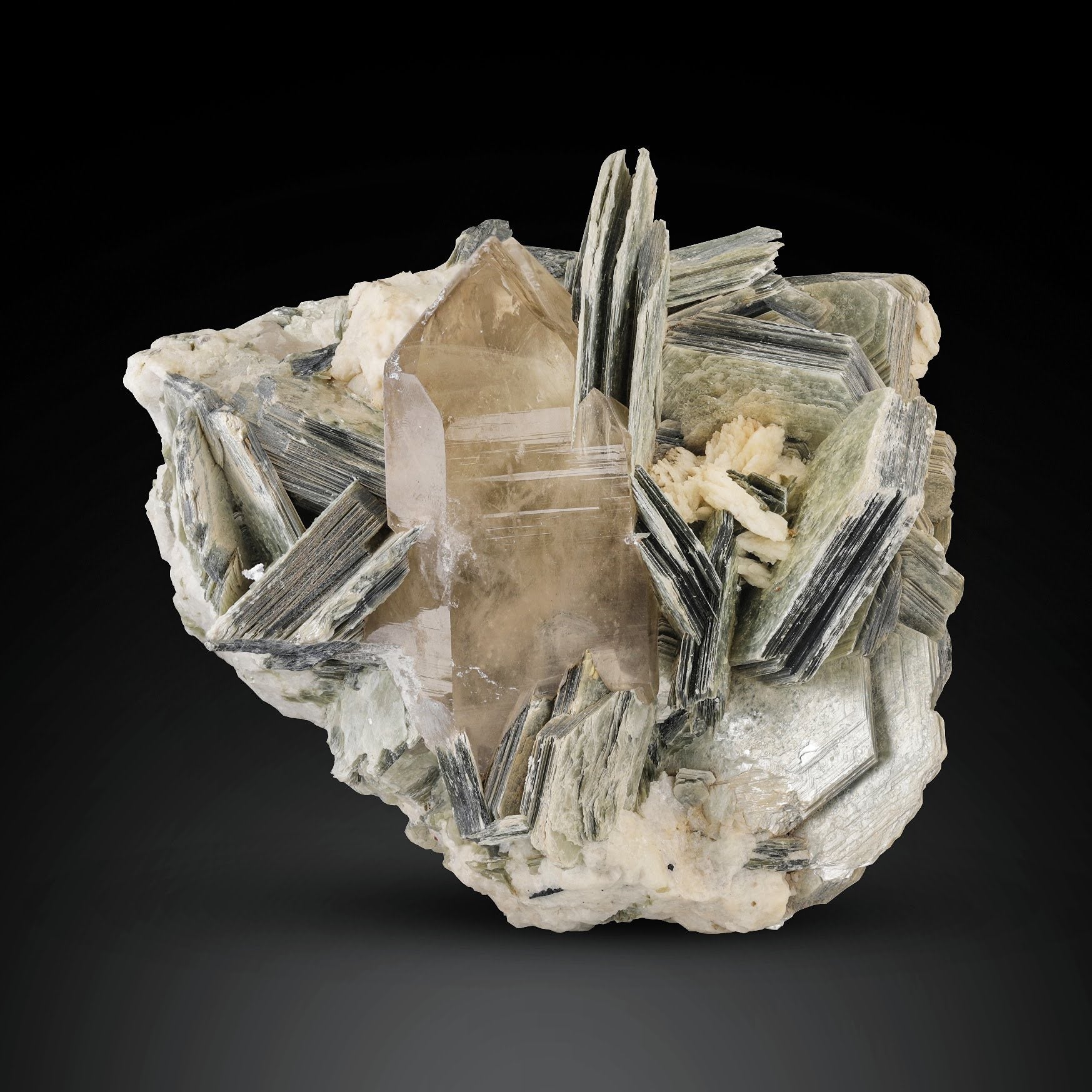 Cluster of Muscovite Mica crystals on Smoky Quartz from Afghanistan