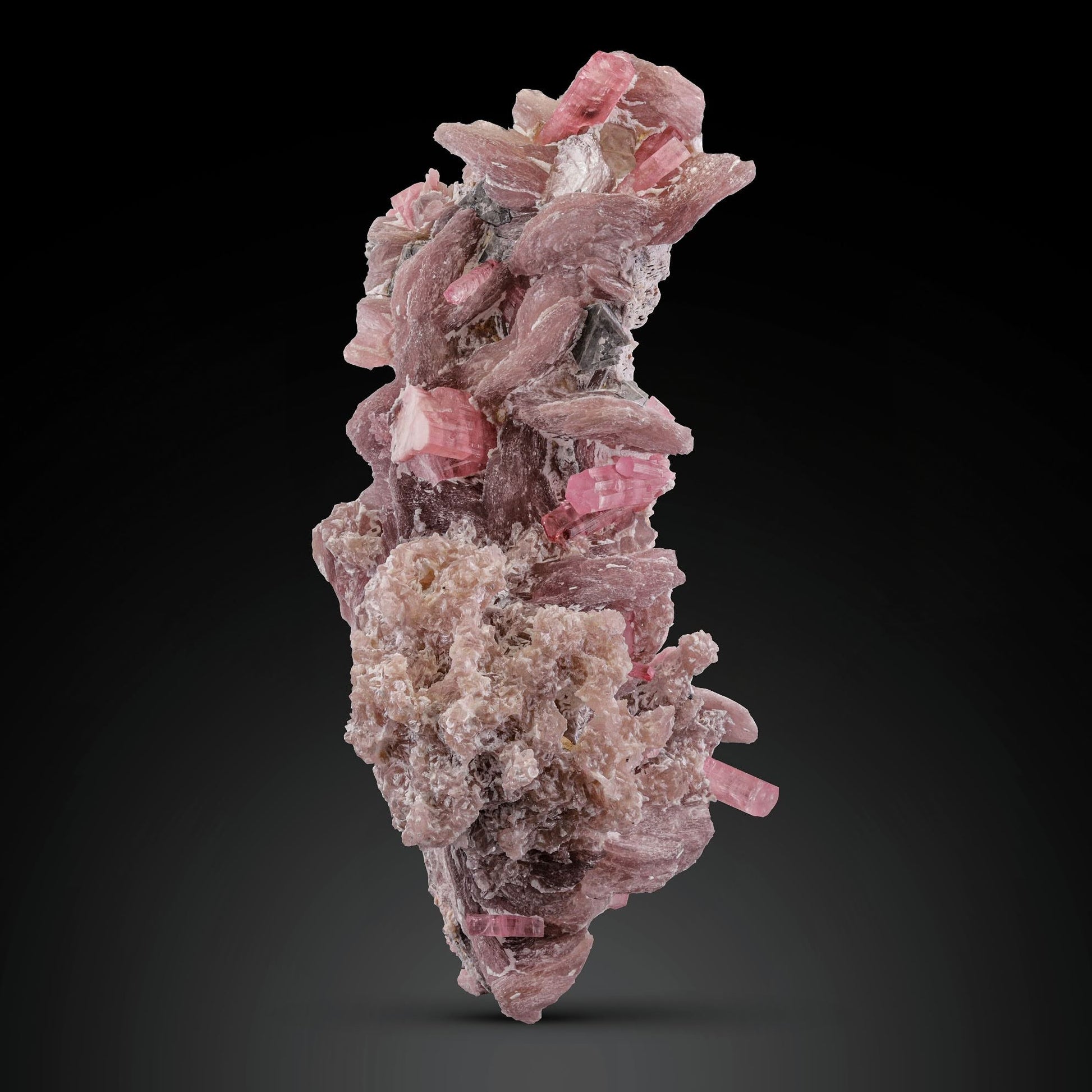 Sculptural cluster of Pink Tourmaline on Lepidolite with Microlite from Afghanistan