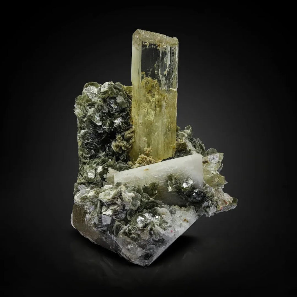 Vibrant Yellow Triphane Kunzite on Muscovite with Tantalite from Afghanistan