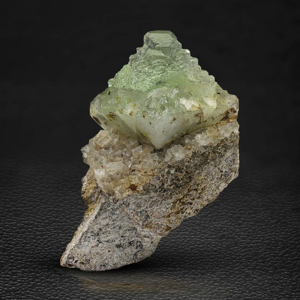 Green Multi Step Fluorite Crystal Perched on Matrix from Pakistan