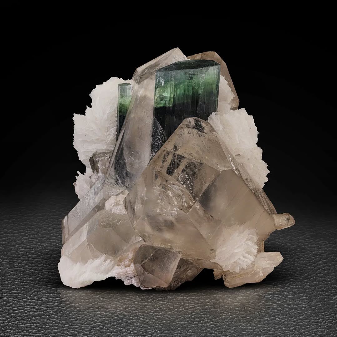 Bluish Green Tourmaline Crystals on Smoky Quartz with Cleavelandite from Pakistan