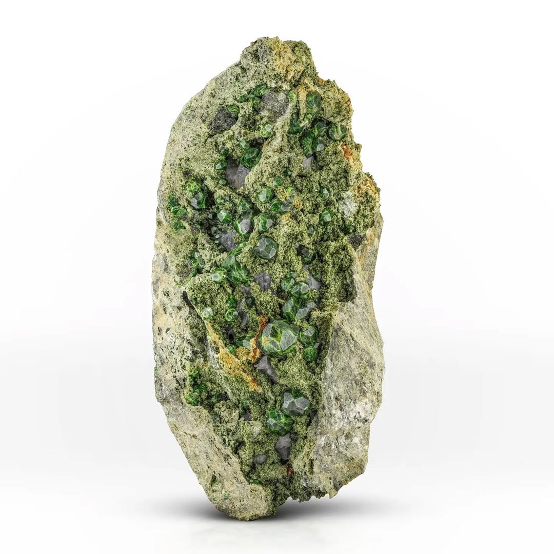 Green Isolated Demantoid Garnet Crystals on Calcite from Iran