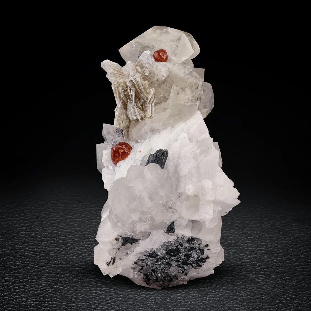 Red Hassonite Garnet on Quartz with Schorl and Mica from Pakistan