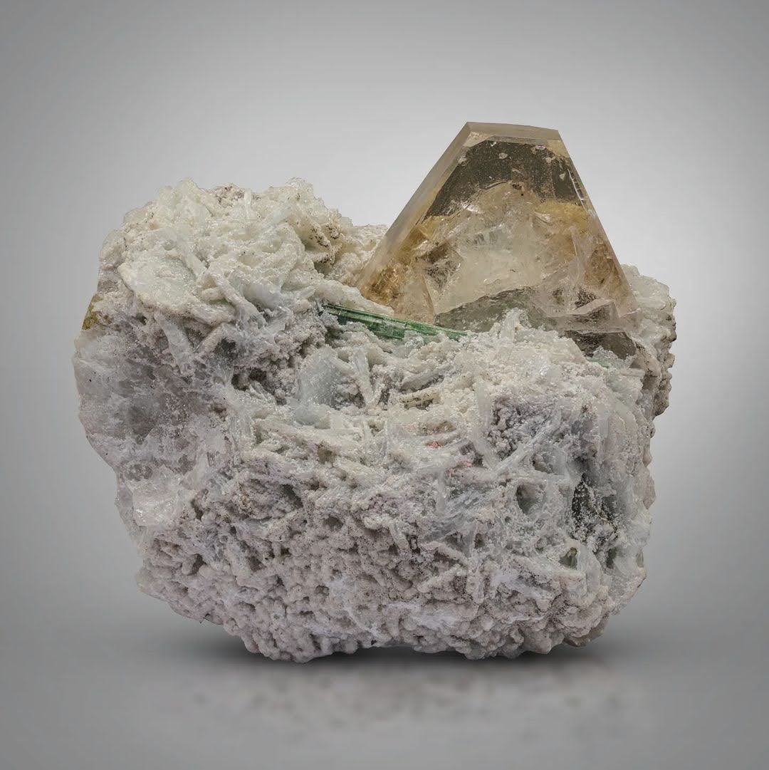 Peach Morganite Crystal with Tourmaline on Cleavelandite from Afghanistan