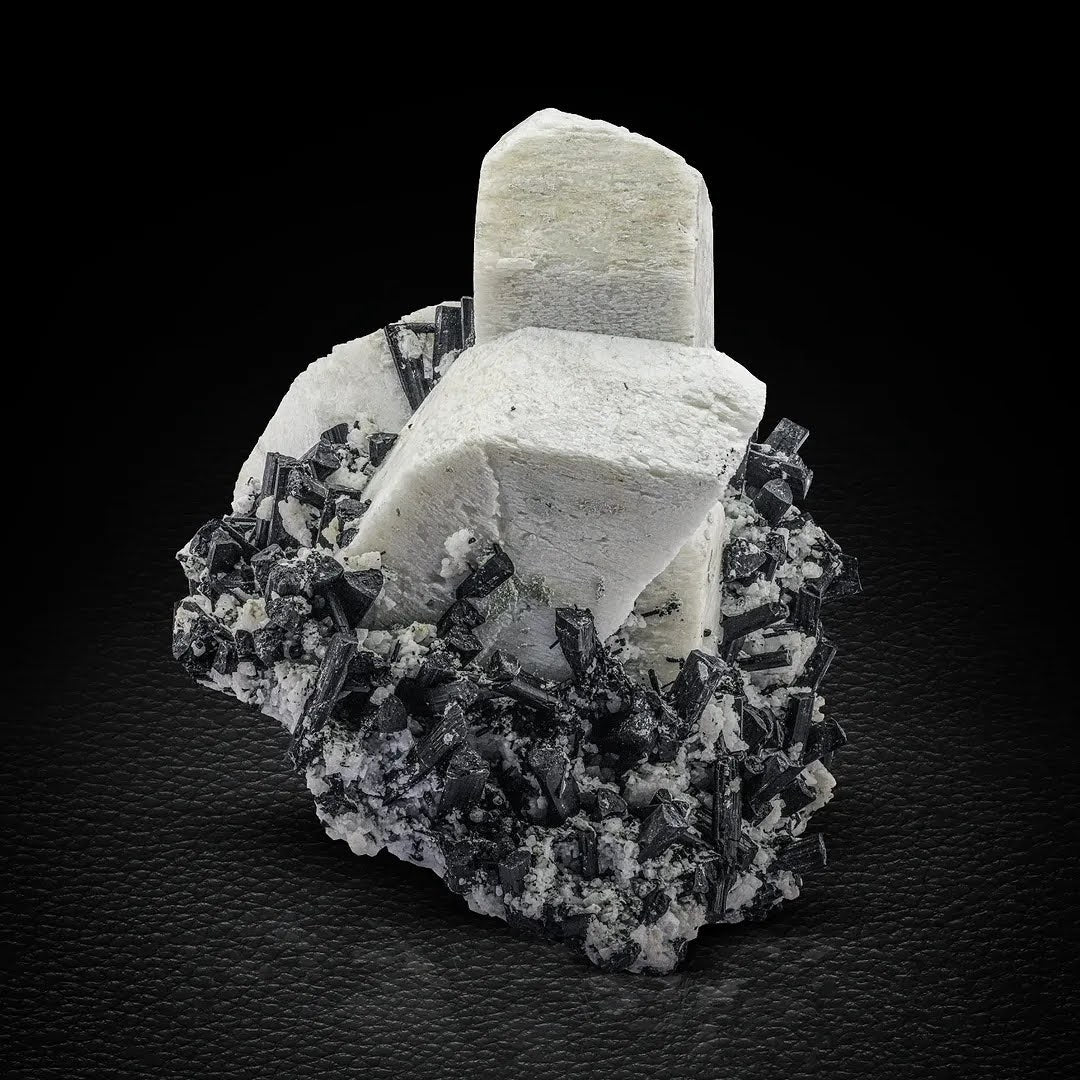 Twinned Microcline Feldspar Crystals with Black Tourmaline from Pakistan
