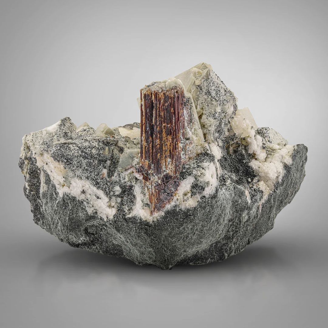Rare Single Brown Rutile Crystal on Matrix with Calcite from Pakistan