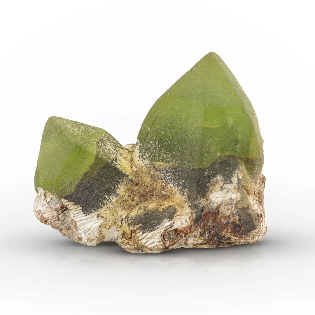 Apple-Green Couple of Peridot Crystals on Matrix from Pakistan