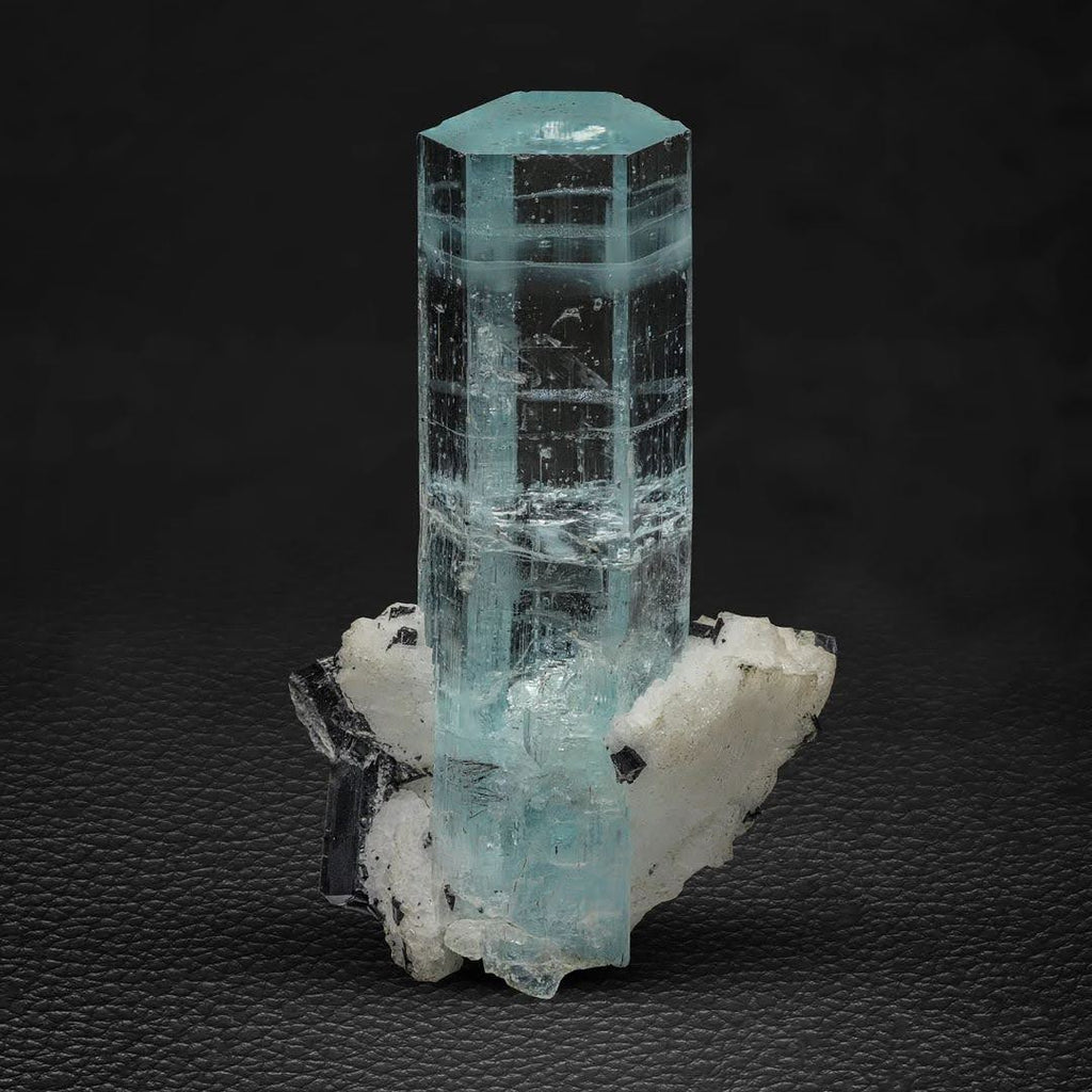 Aqua-Blue Aquamarine Crystal on Albite with Schorl from Pakistan