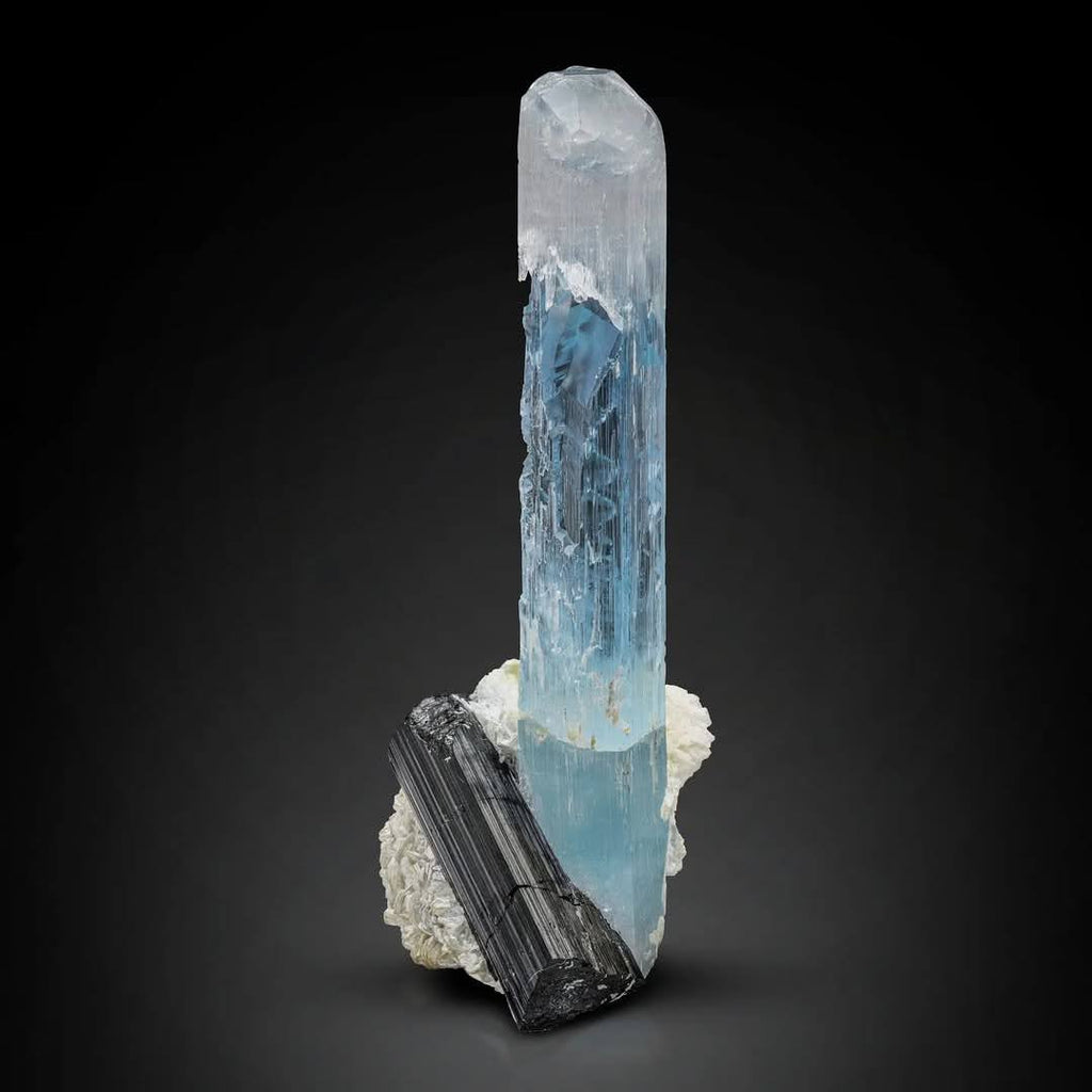 Free Standing Etched Aquamarine Crystal on Albite with Schorl from Pakistan