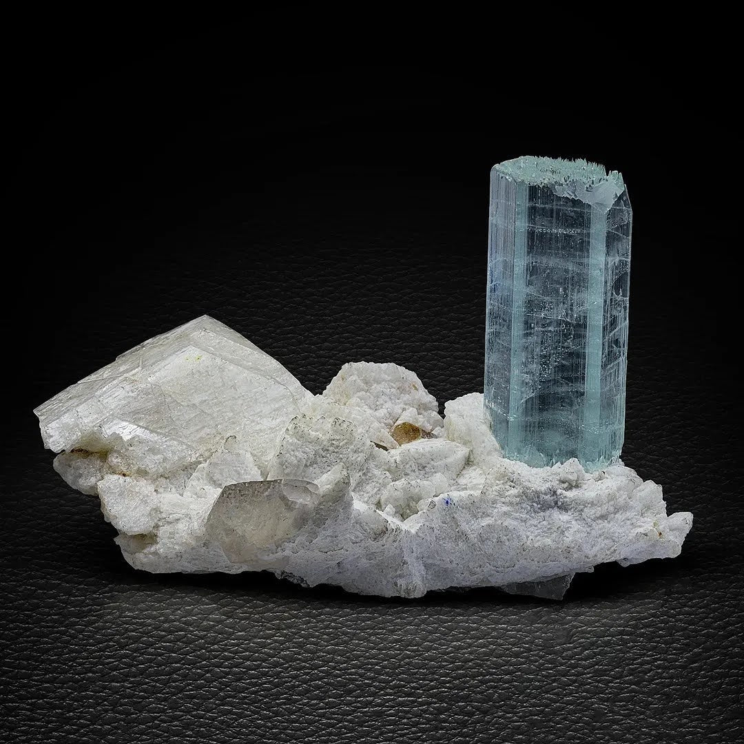 Etched Sharp Terminated Aquamarine Crystal on Albite from Pakistan