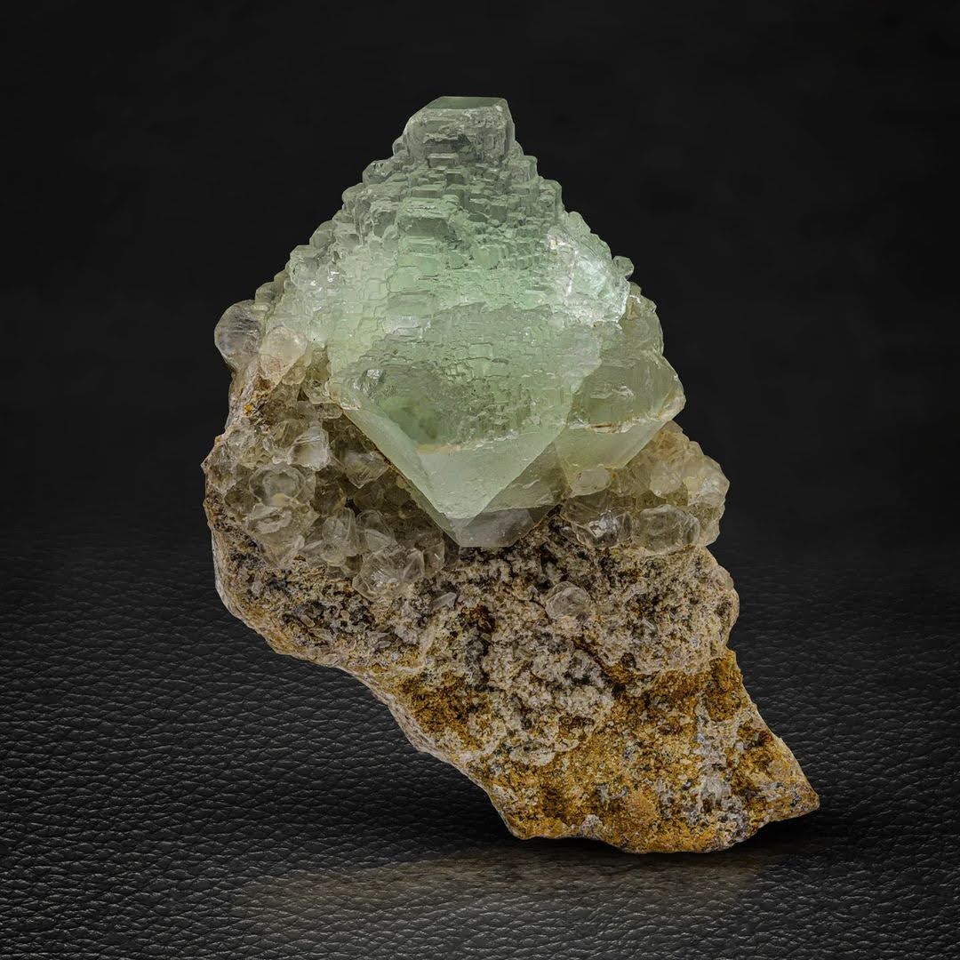 Green Multi Step Fluorite Crystal Perched on Matrix from Pakistan