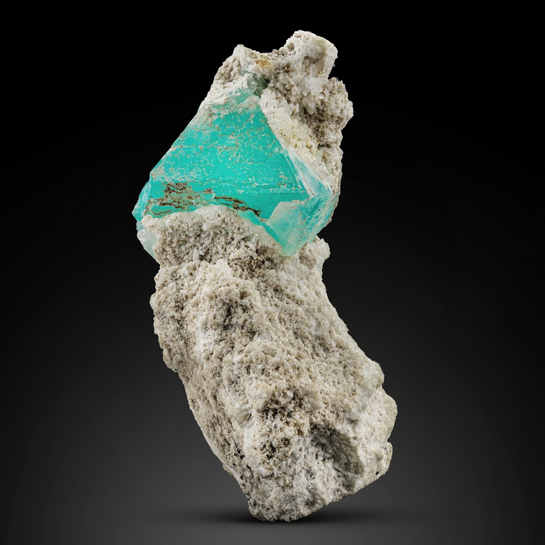 Sea foam Blue Fluorite crystal on creamy white Albite from Pakistan