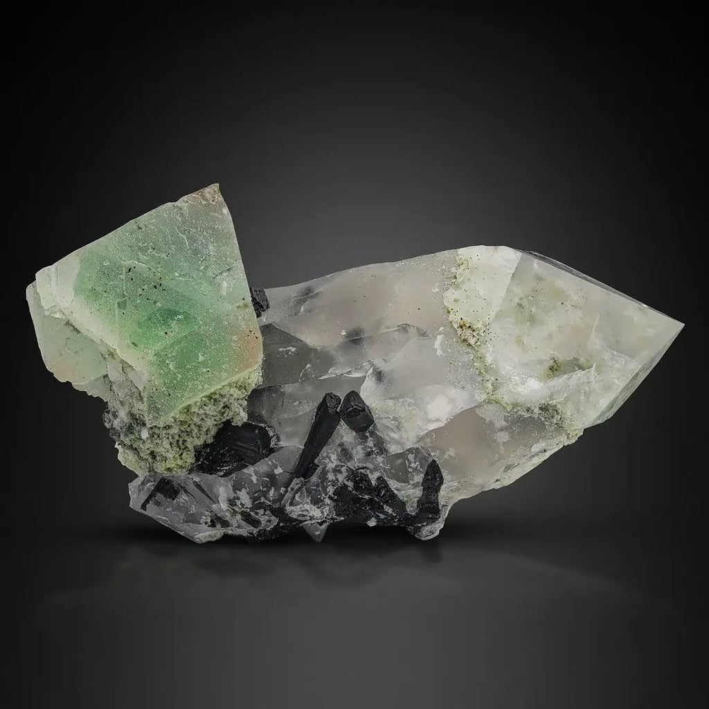 Green Fluorite Focal Crystal on Quartz with Black Schorl from Pakistan