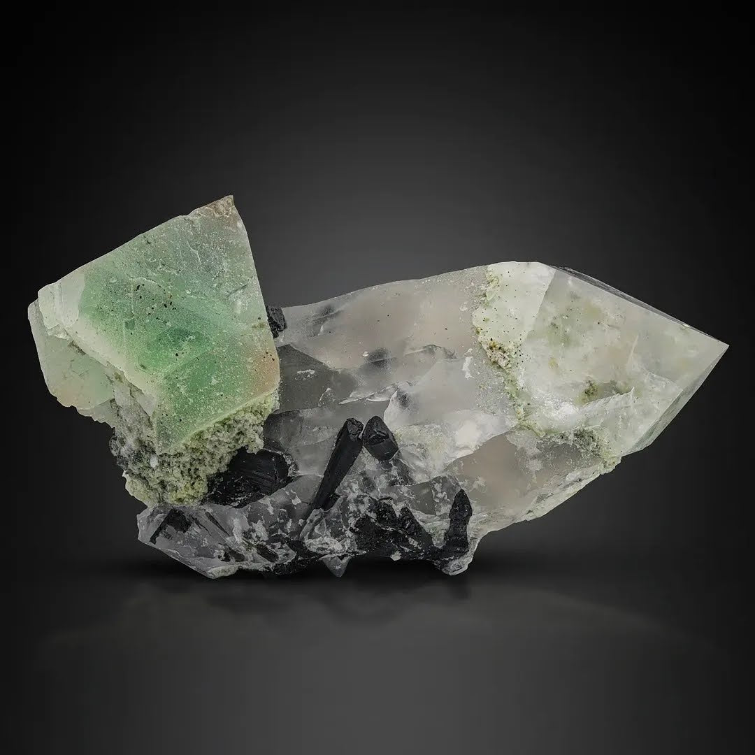 Green Fluorite Focal Crystal on Quartz with Black Schorl from Pakistan